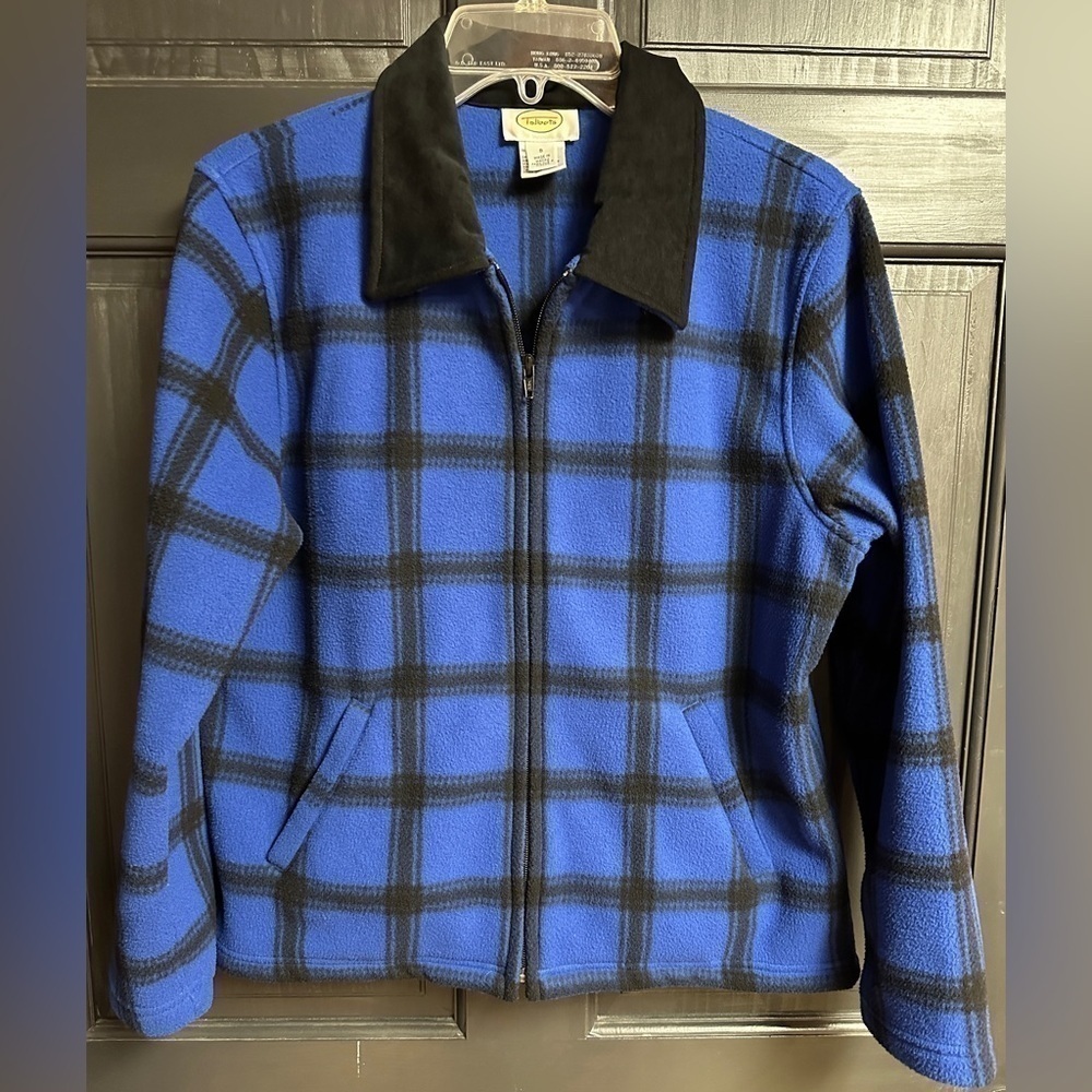 Talbots Women’s Size S Fleece Full Zip Jacket Med Blue & Black Checkered Plaid